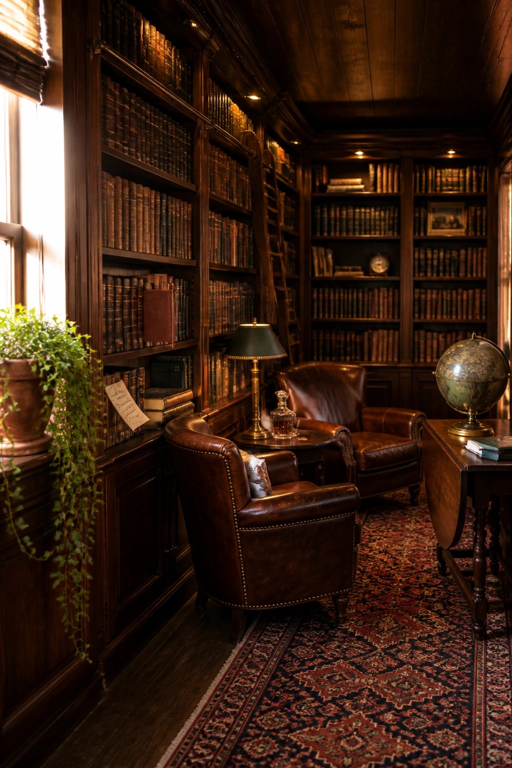 A dark wood library with tongue and groove ceiling, full bookshelves, leather armchairs, a globe, and a patterned rug.