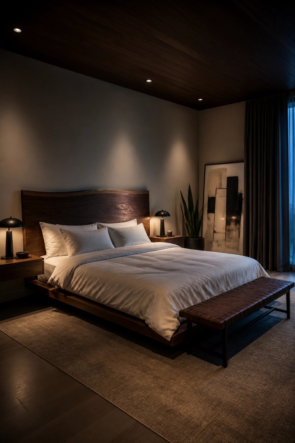 A modern bedroom with a dark wood tongue and groove ceiling, a low wooden bed with white linens, bedside lamps, and a large abstract artwork on the wall.