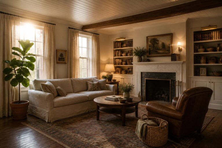 A living room with a white tongue and groove ceiling, exposed wood beams, a fireplace, sofa, leather chair, and area rug.