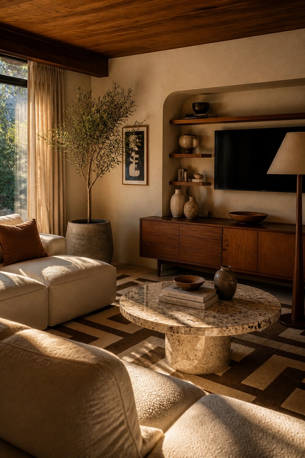 Living room with dark wood tongue and groove ceiling, white sectional sofa, round stone coffee table, and built-in wood media console.