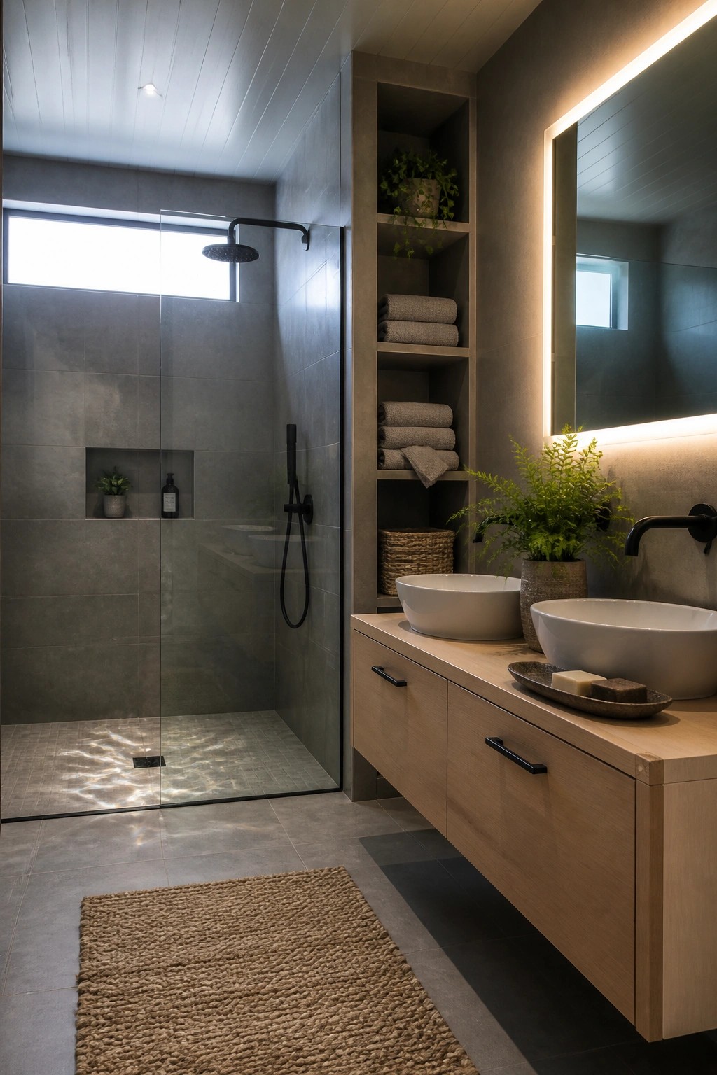 A modern bathroom with a tongue and groove ceiling, gray tiled shower enclosure, and light wood vanity with two white vessel sinks.