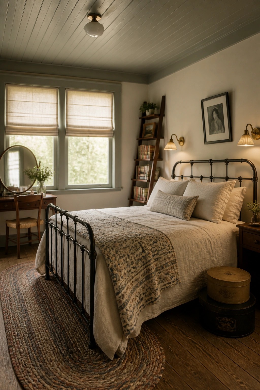 A bedroom with a tongue and groove ceiling painted light gray, a black metal bed frame with white and patterned linens, two windows with rolled shades, and a round braided rug on the floor.