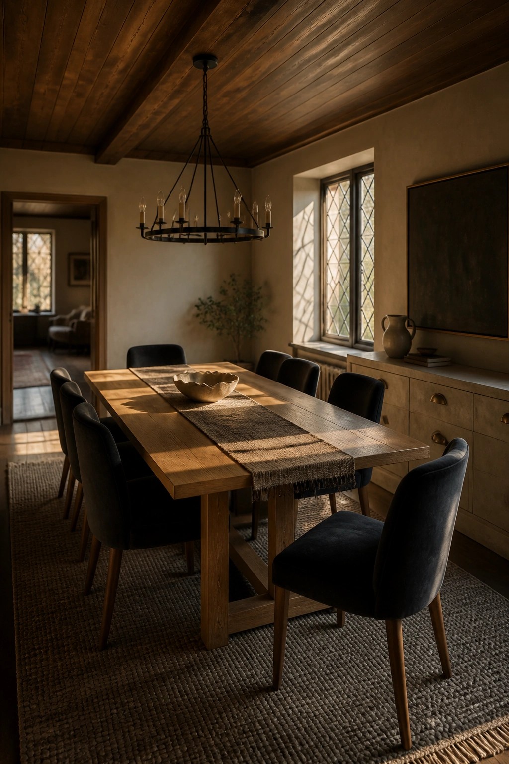 A dining room interior featuring a dark wood tongue and groove ceiling with a black metal chandelier above a long wooden table and upholstered chairs.