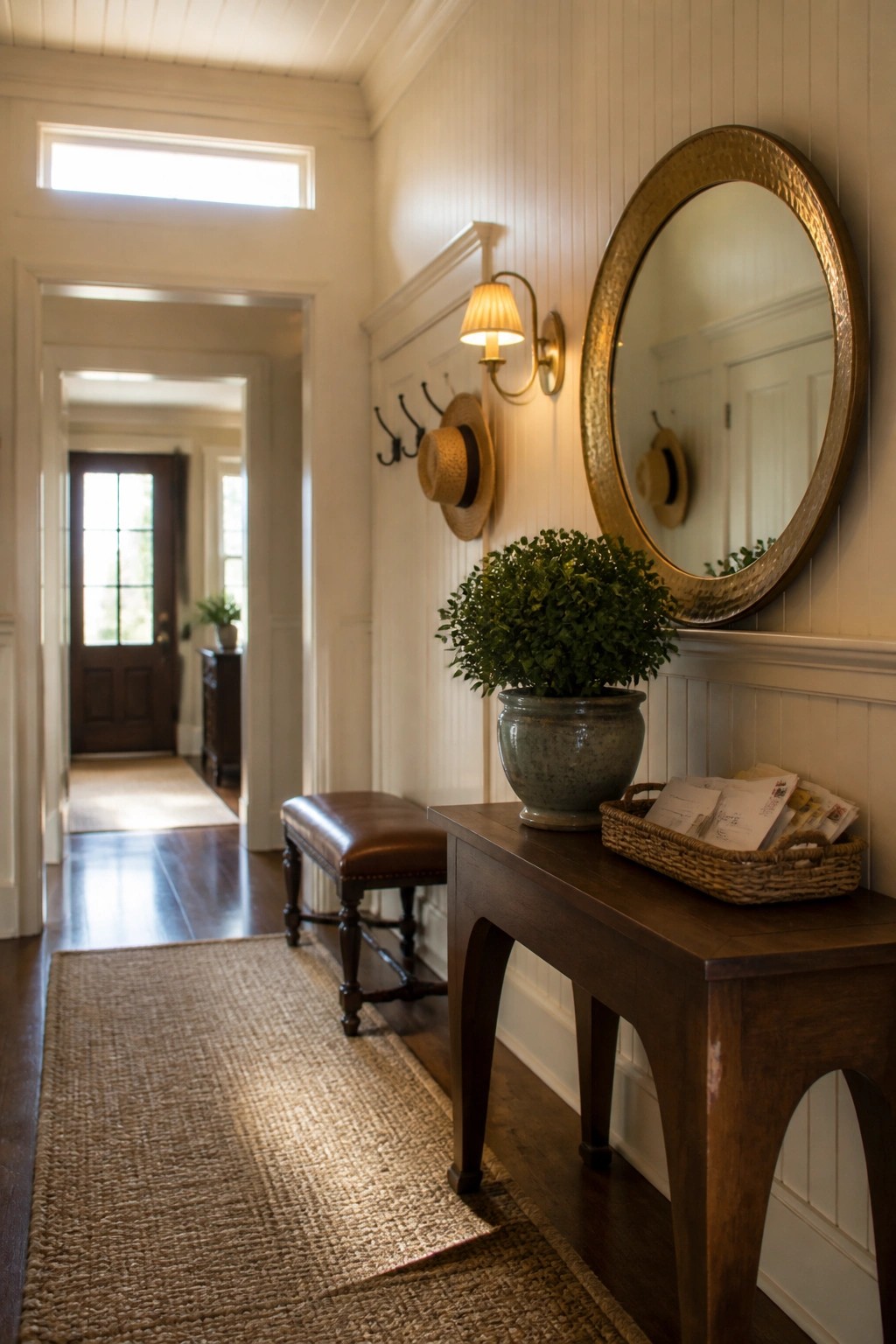 A bright interior hallway with white tongue and groove ceiling, dark wood console table, round mirror, brown leather bench, and jute runner leading toward an open front door.