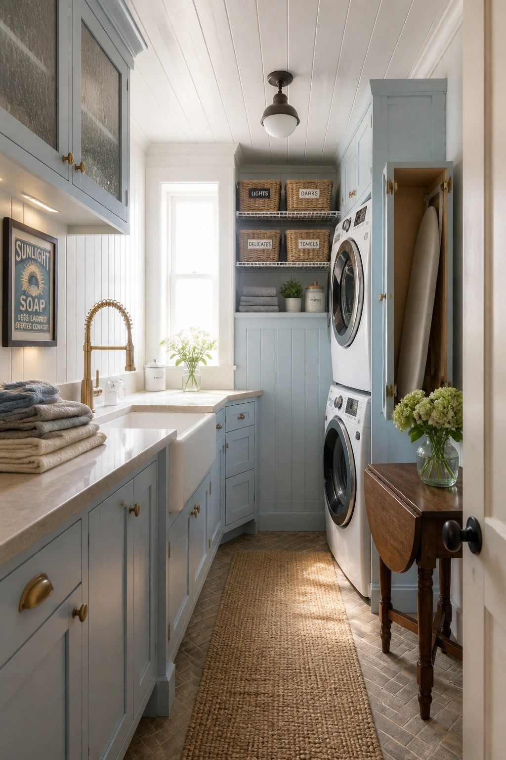A narrow laundry room with a white tongue and groove ceiling, light blue cabinets, a white farmhouse sink, stacked washer and dryer, and woven baskets on open shelving.