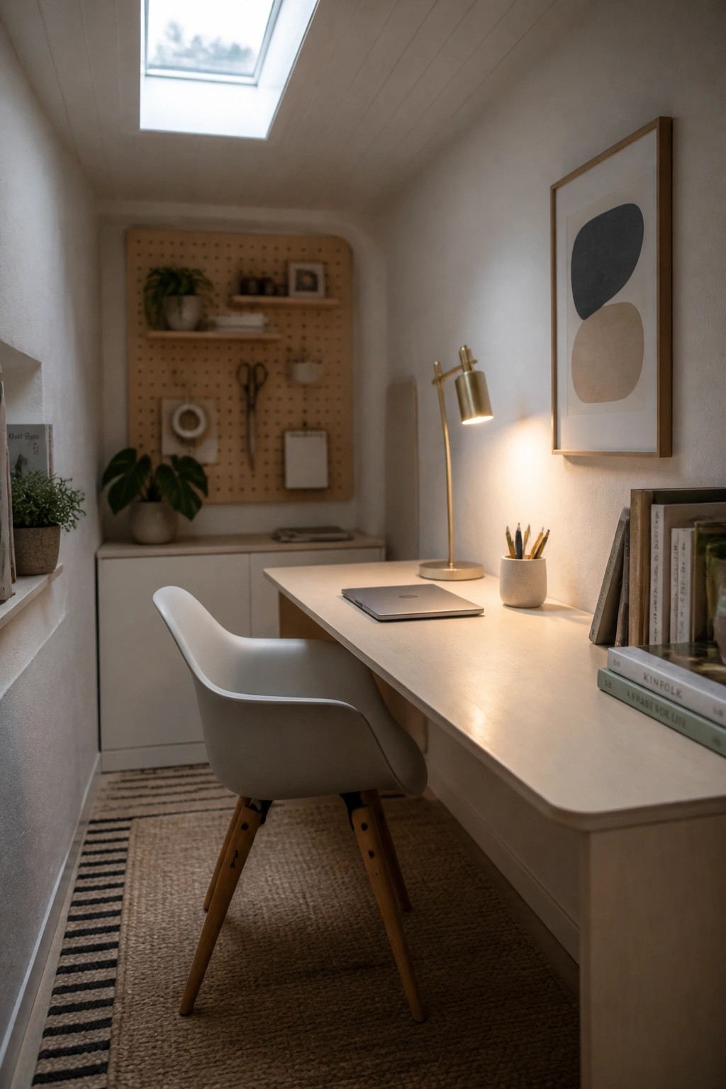 A narrow home office featuring a white tongue and groove ceiling with a skylight, a light wood desk, a white molded chair, and a pegboard on the back wall.