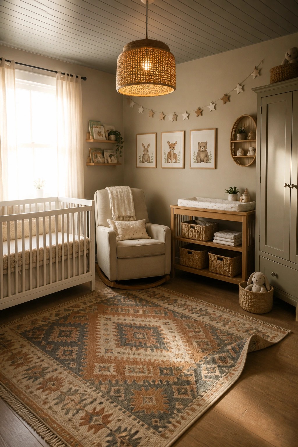 A nursery with a white tongue and groove ceiling, a white crib on the left, a beige rocking chair in the center, and a wooden changing table on the right under a woven pendant light.