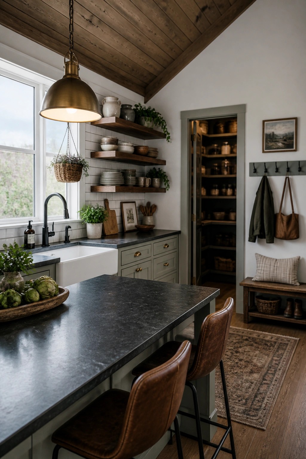 A kitchen with a wooden tongue and groove ceiling, white subway tile backsplash, dark stone countertops, and brown leather bar stools at an island.