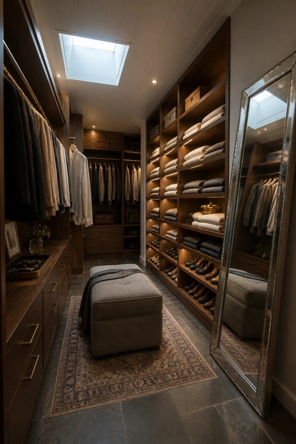 Elegant wooden walk-in closet with skylight, organized shelves, shoes, ottoman, and mirror