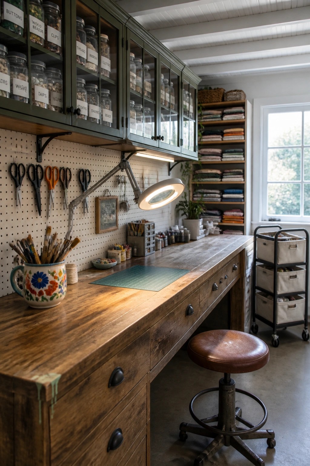 A craft room interior with a long wooden work table, pegboard wall, green upper cabinets, and white tongue and groove ceiling.