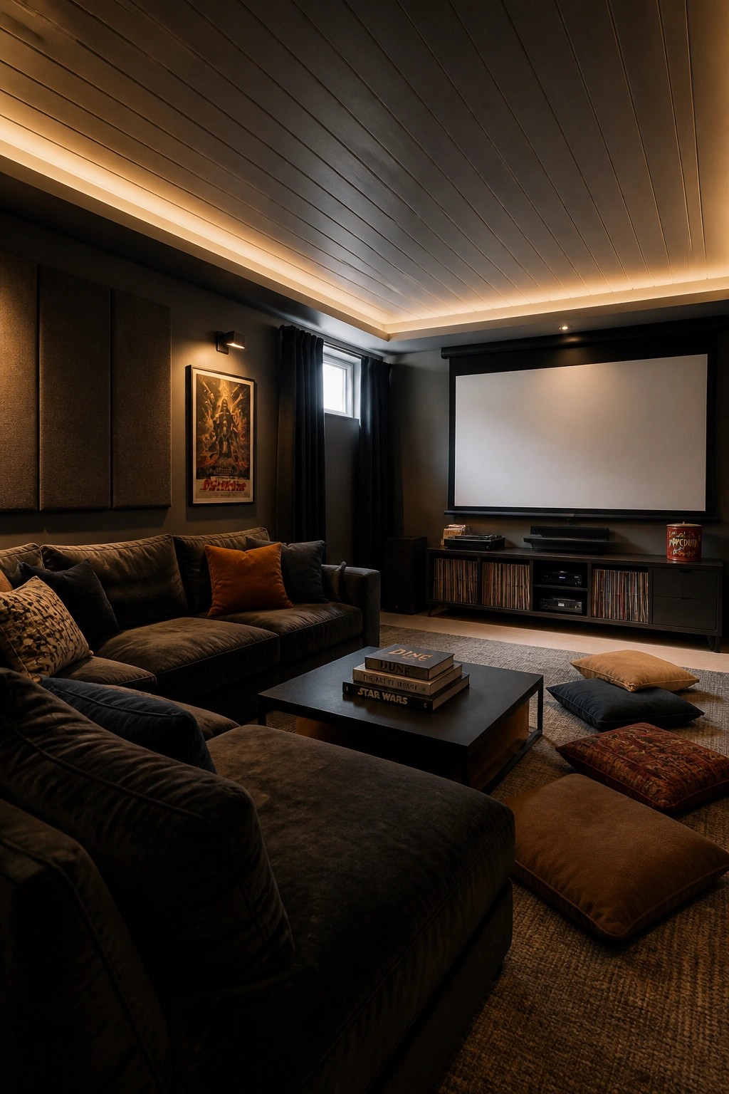A dimly lit home theater with a tongue and groove ceiling featuring cove lighting, a large projection screen, dark sectional sofa, and floor cushions on a rug.