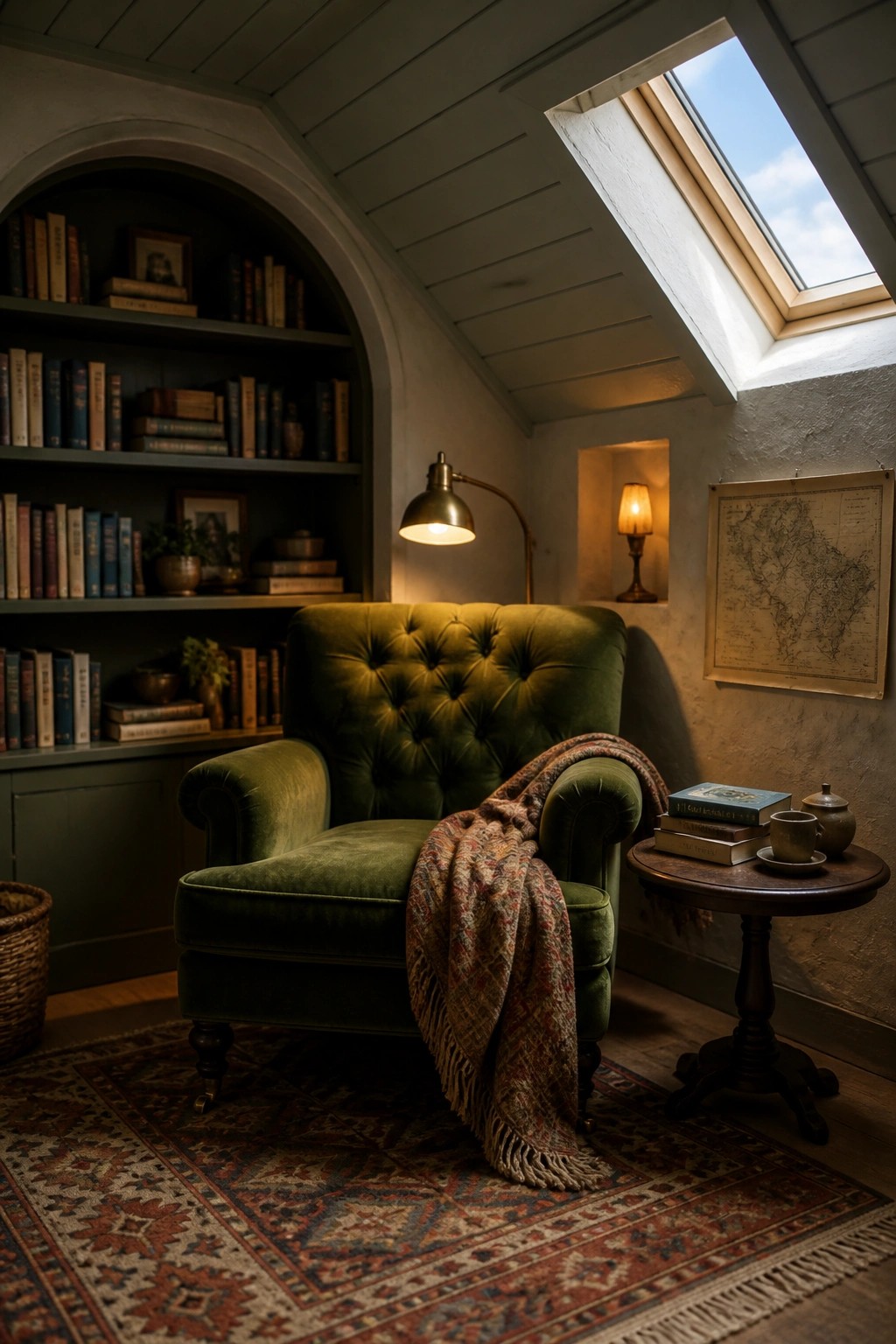 An attic reading nook with a green velvet armchair, built-in bookshelves, a patterned rug, a skylight, and a white tongue and groove ceiling.