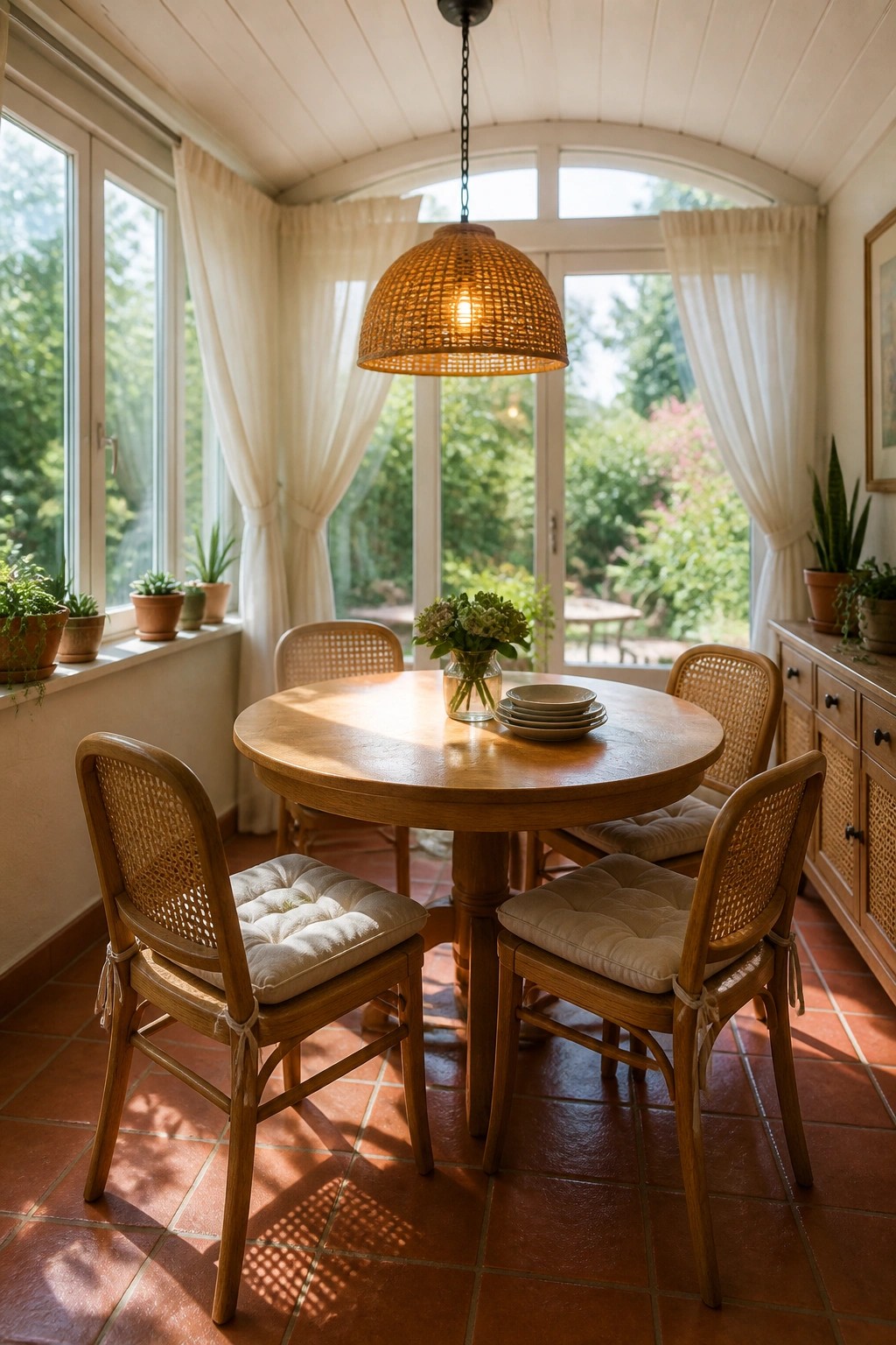 A bright interior room with a white tongue and groove ceiling, round wooden table, woven chairs, and large windows.