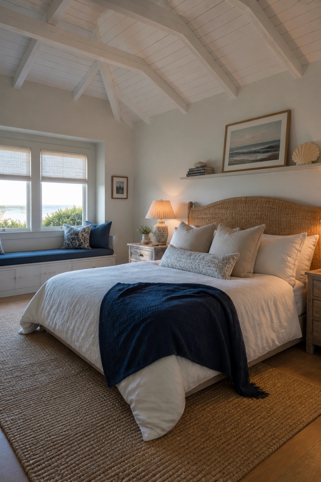 A bright bedroom with a white tongue and groove ceiling and exposed beams, a bed with white and blue linens, and a window seat overlooking the water.