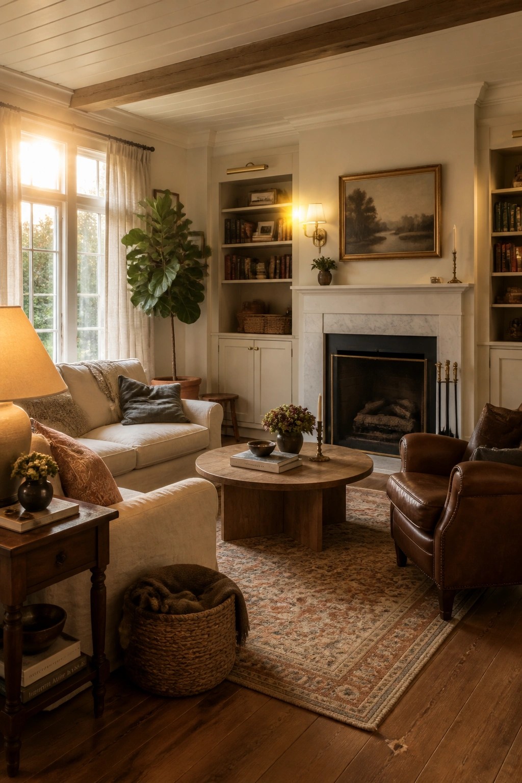 A living room with a white tongue and groove ceiling, exposed wood beams, a fireplace, sofa, leather chair, and area rug.