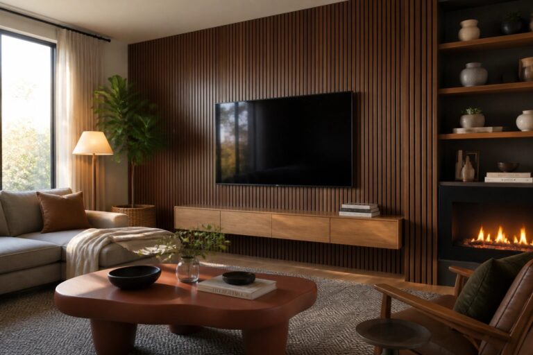 A living room featuring a large flat-screen TV mounted on a vertical wood slat accent wall above a low wooden media console, with built-in shelves to the right and a fireplace on the left.