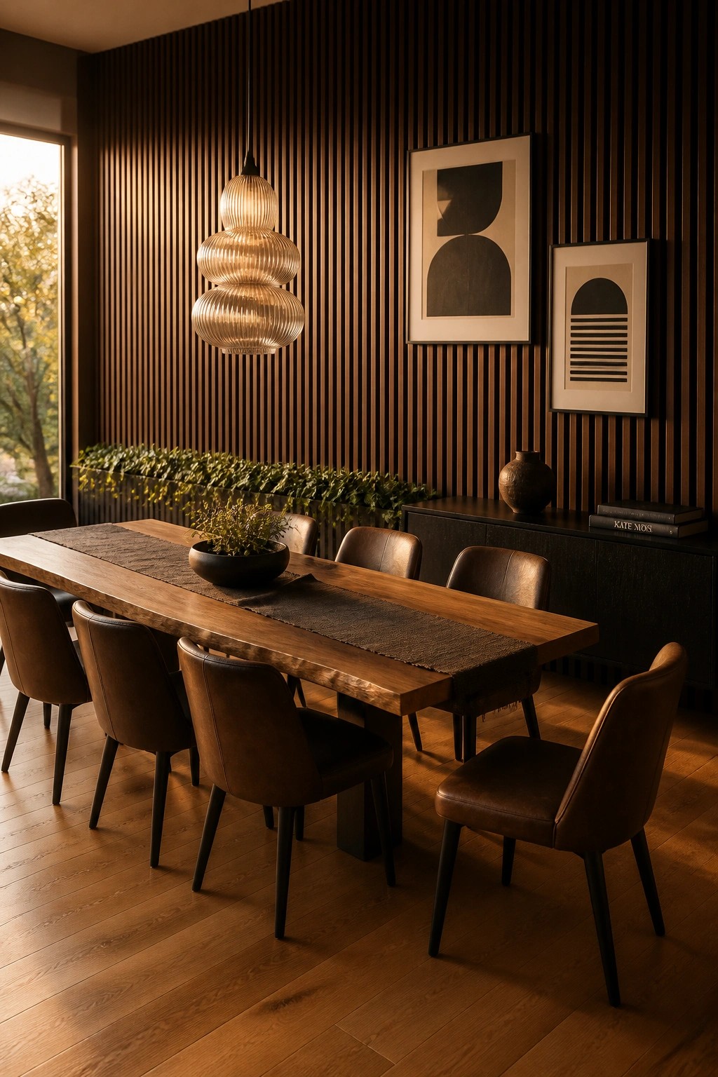 A modern dining room with a long wooden table, brown leather chairs, and a full wall of vertical dark wood slats behind it, lit by a sculptural pendant light.