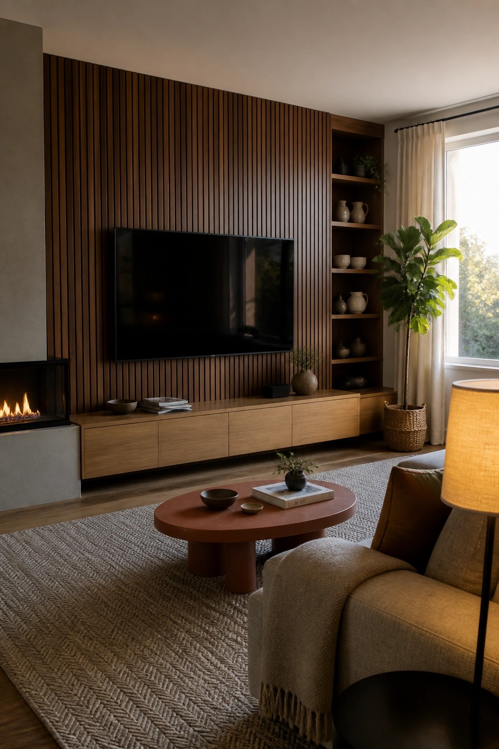 A living room featuring a large flat-screen TV mounted on a vertical wood slat accent wall above a low wooden media console, with built-in shelves to the right and a fireplace on the left.