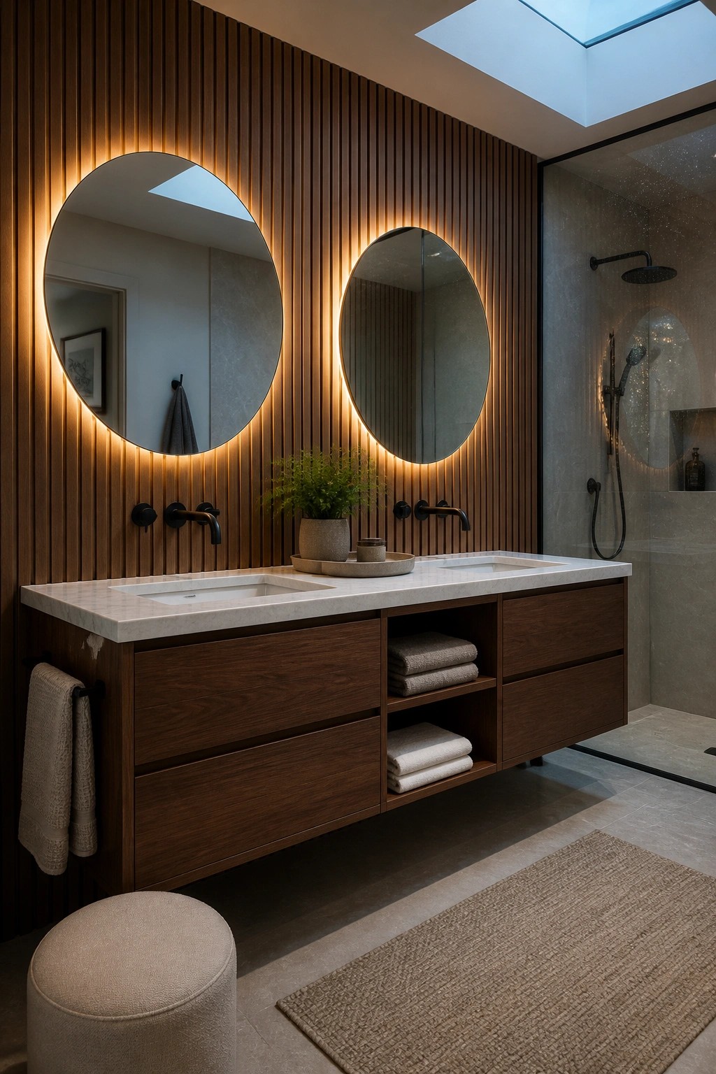 A modern bathroom featuring a floating double vanity with white marble top, dark wood cabinetry, two round backlit mirrors, and vertical wood slat walls.