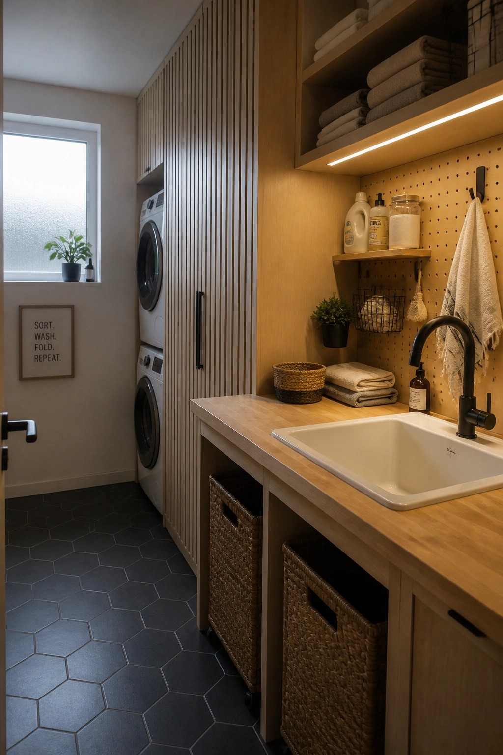 A modern laundry room with vertical wood slat walls, stacked washer and dryer, wooden countertop with sink, open shelving, pegboard, and woven baskets on a dark tiled floor.