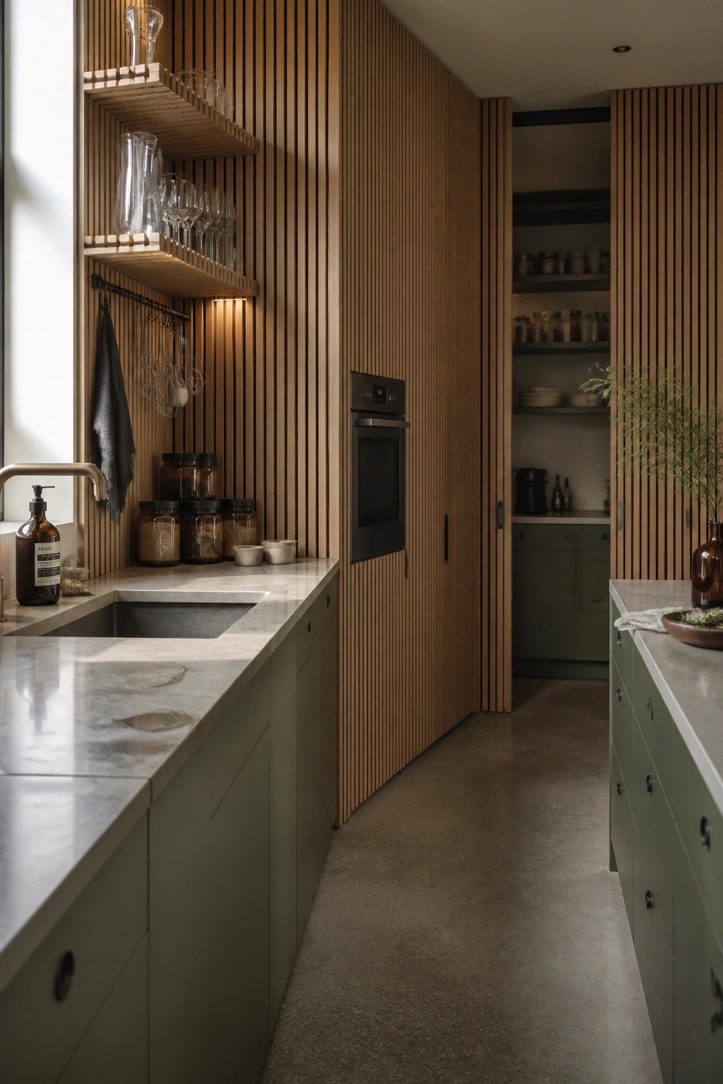 A modern kitchen with vertical wood slat walls, sage green cabinets, concrete countertops, and open wooden shelves holding glassware.