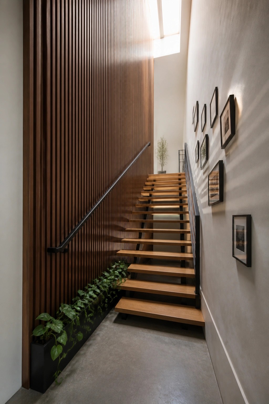 A tall vertical wood slat wall runs beside a wooden staircase with a black handrail, while framed pictures hang on the opposite wall.