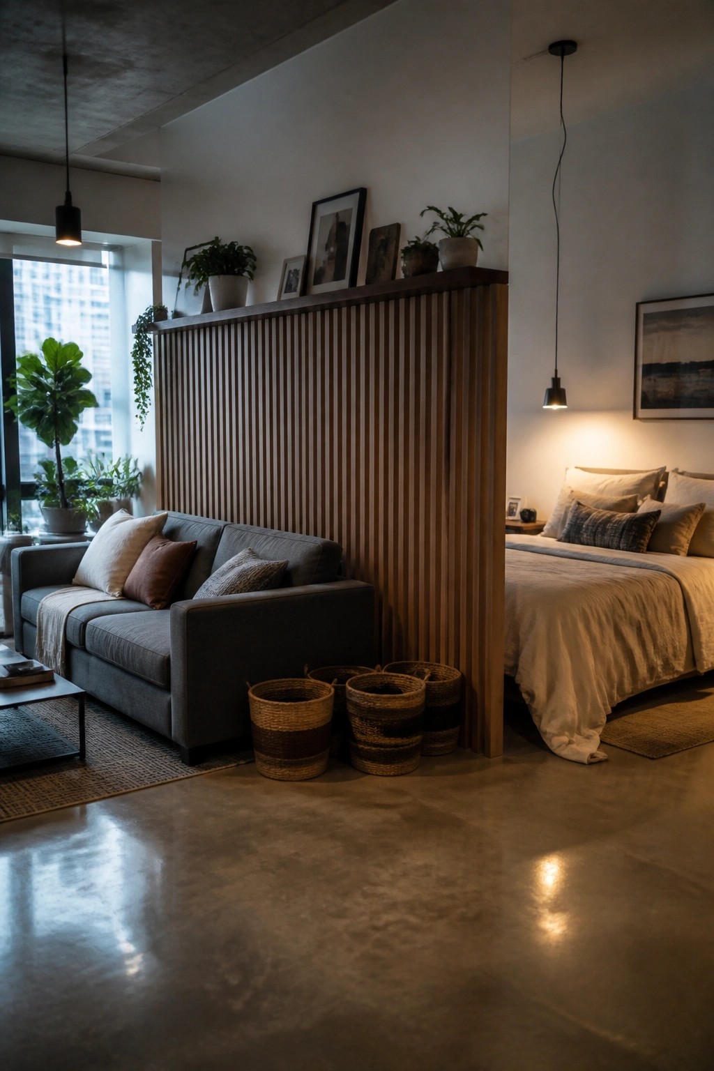A living area with a gray sofa faces a wooden slat partition that separates it from a bed in the background.