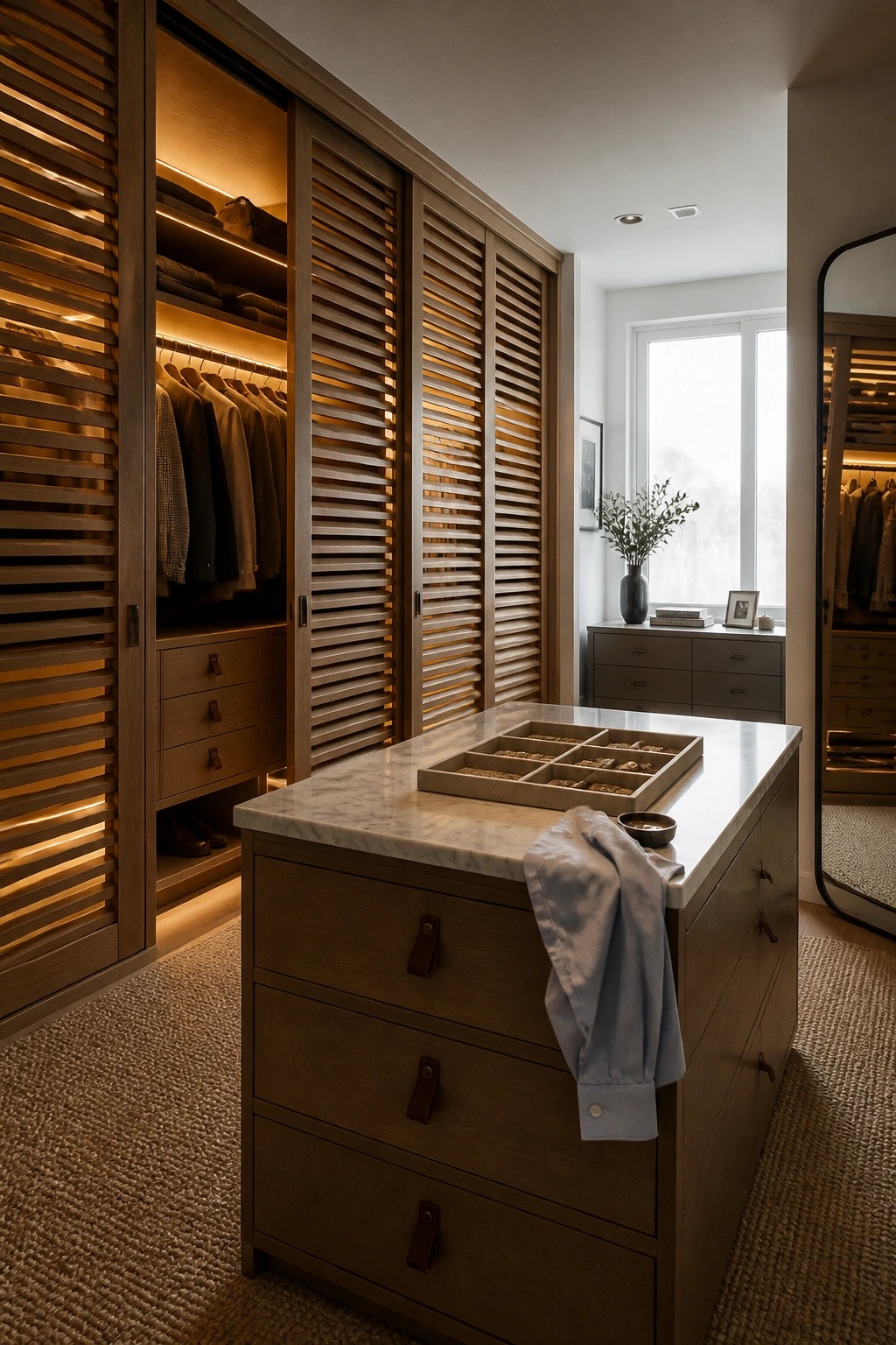 A spacious walk-in closet with floor-to-ceiling wood slat cabinet doors, integrated lighting, a marble-topped central island with drawers, and a full-length mirror on the right.