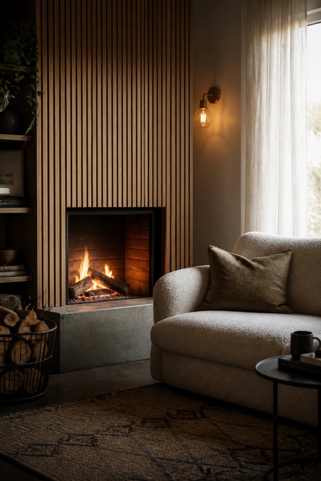 A modern living room featuring a fireplace framed by vertical wood slats on the wall, with a light sofa and woven rug in the foreground.