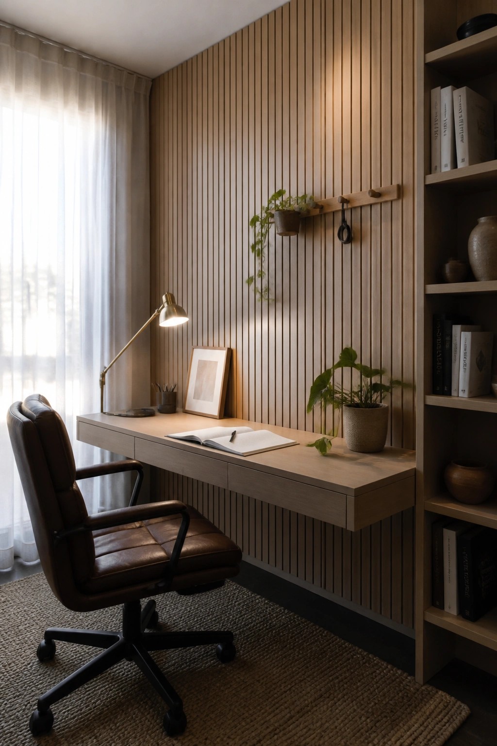 A home office with a floating wooden desk against a vertical wood slat wall, a brown leather chair, and a lit brass desk lamp.