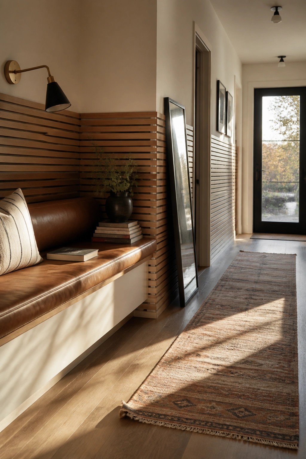 A hallway with a built-in bench against a horizontal wood slat wall, a brown leather cushion, a leaning mirror, and a runner rug on the floor.