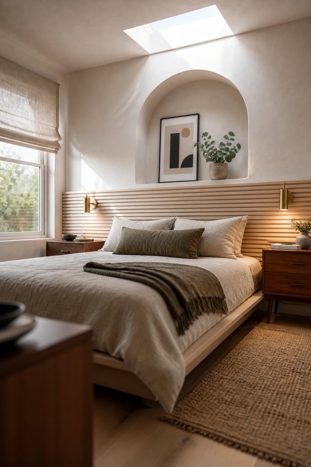 A bedroom with a horizontal wood slat wall behind the bed, an arched niche above holding framed art and a potted plant, and neutral bedding with a woven rug on the floor.