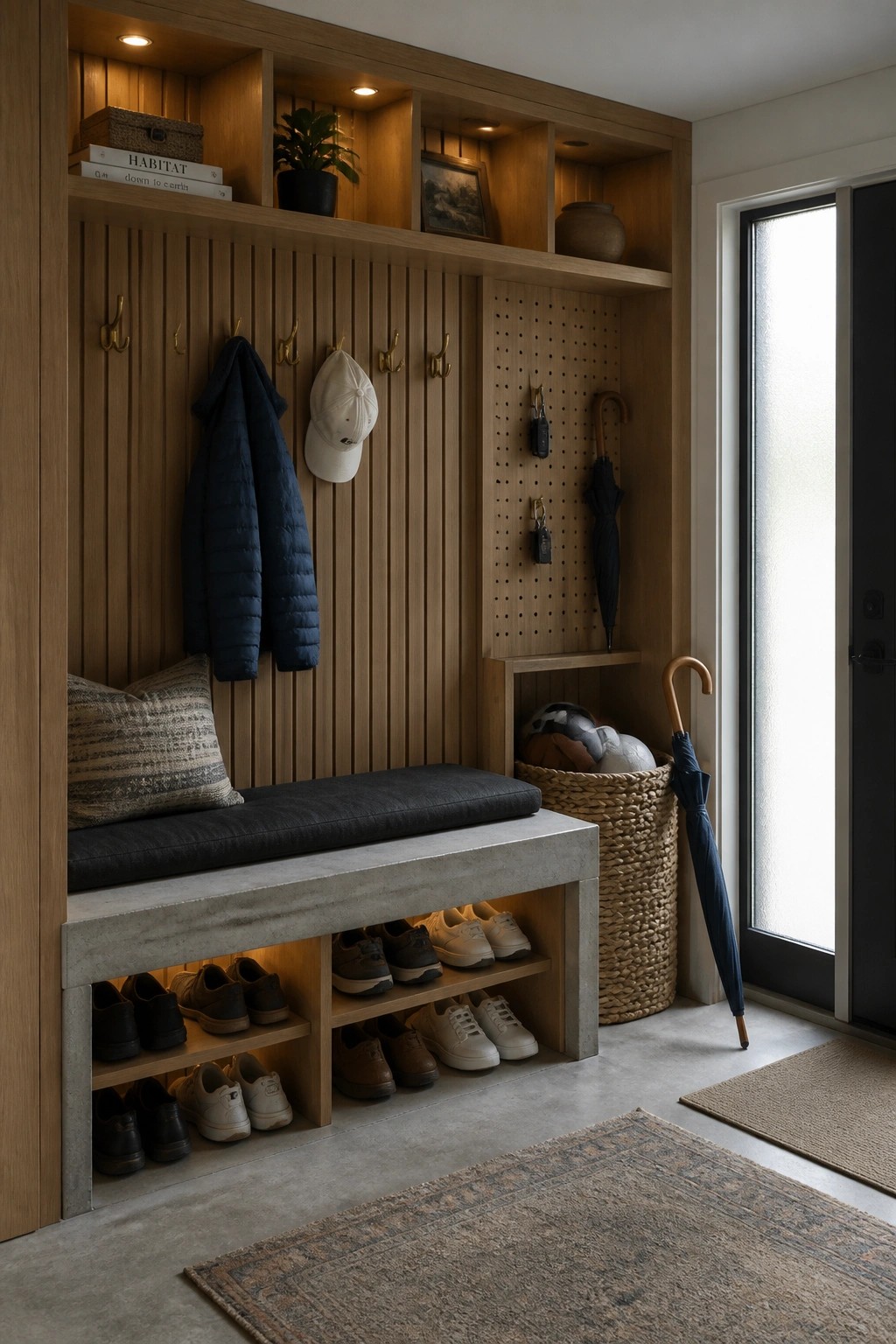 A wooden entryway featuring vertical slat walls with brass hooks, a built-in concrete bench with lower shelves for shoes, and a woven basket holding sports gear beside a glass door.