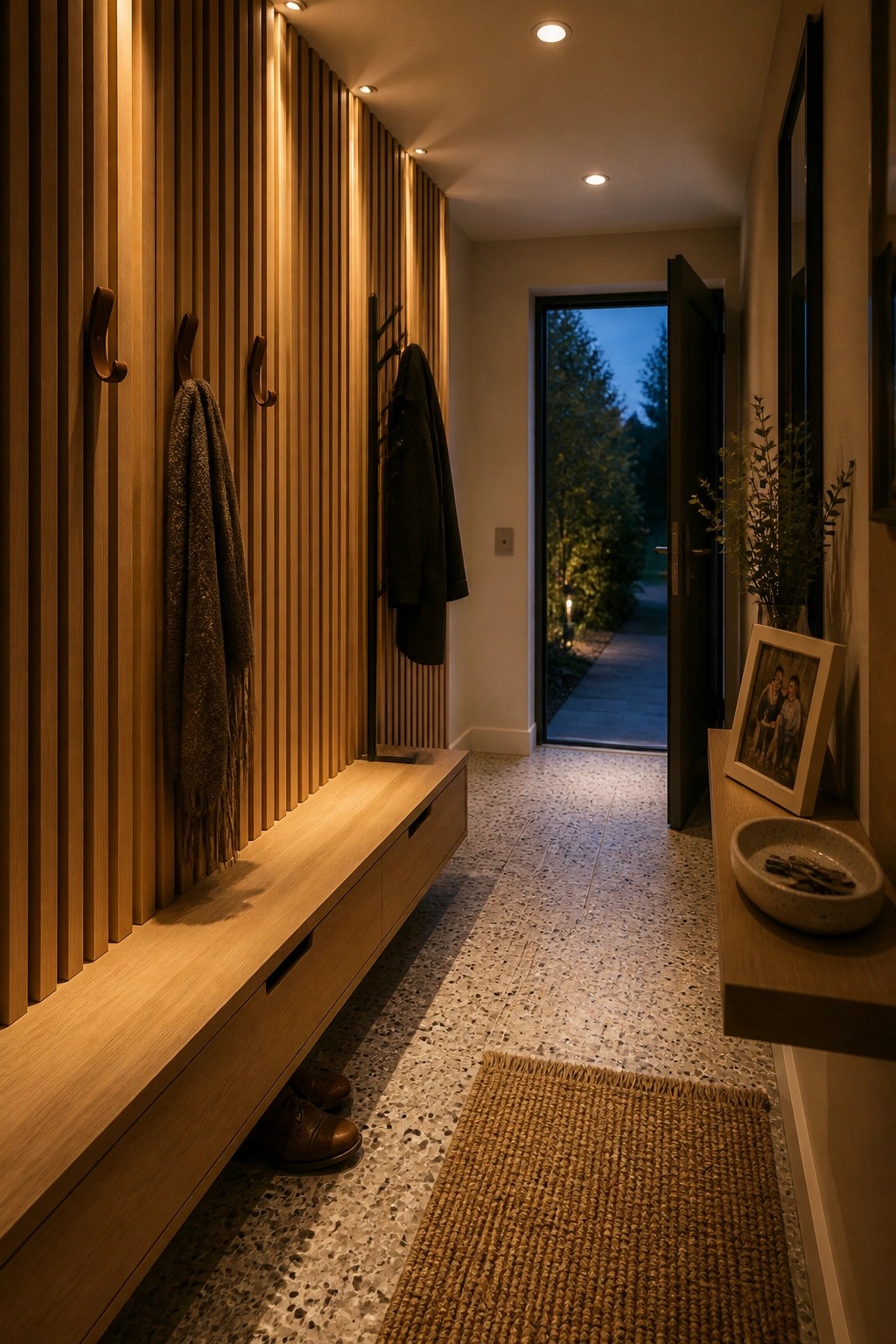 A narrow interior entry hallway with vertical wood slat walls, coat hooks, a built-in bench, and an open door to the outside at dusk.