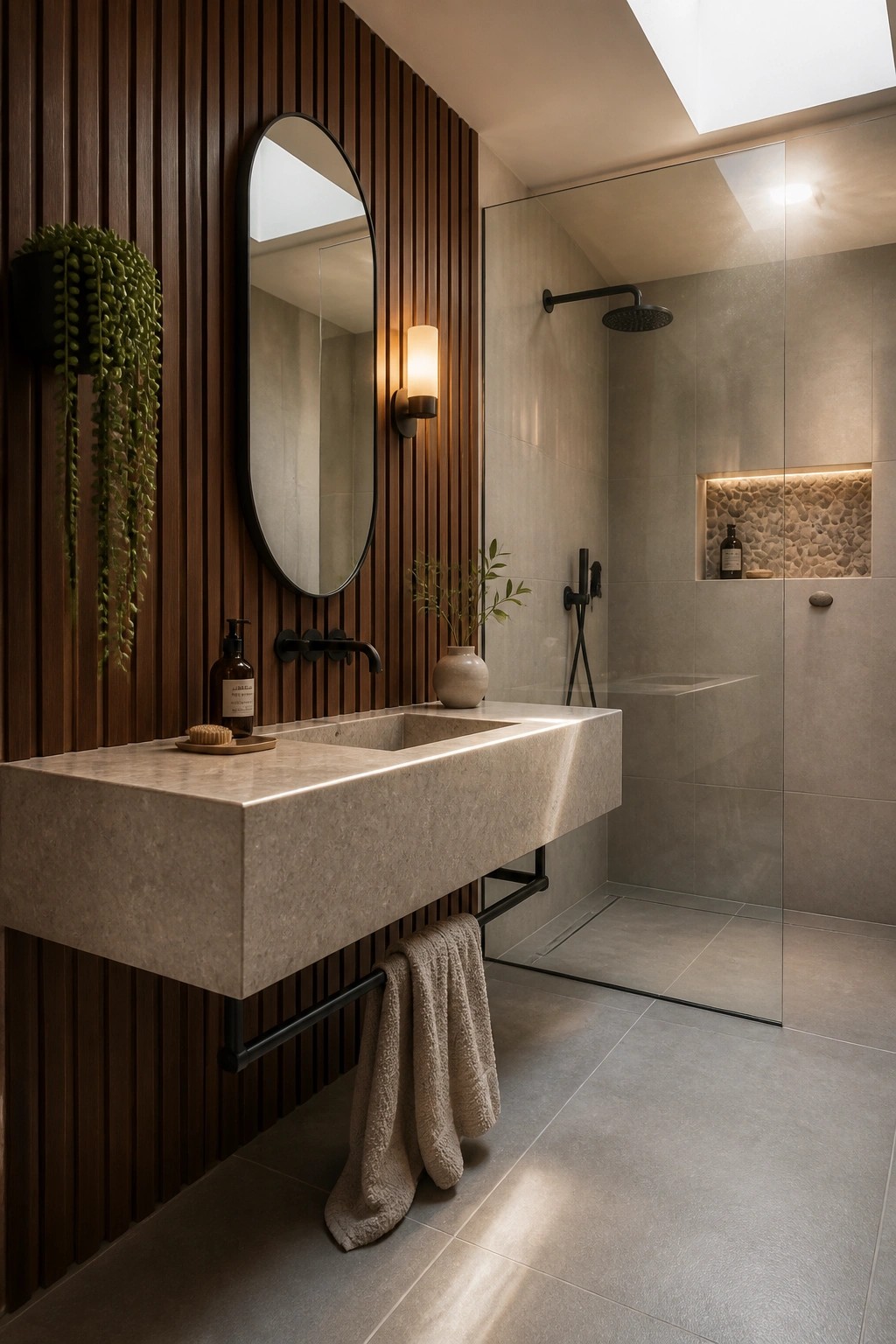 A modern bathroom featuring a floating stone vanity, round mirror, and vertical wood slat accent wall behind the sink area.