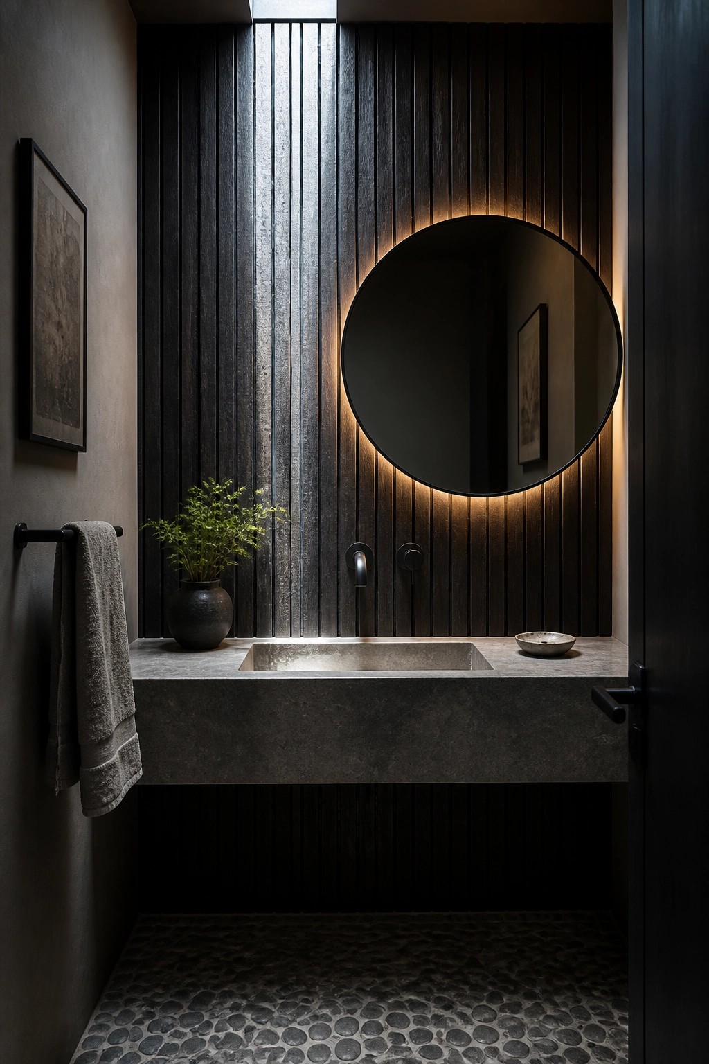 A modern bathroom with a dark vertical wood slat wall behind a floating concrete vanity, round backlit mirror, and pebble floor.