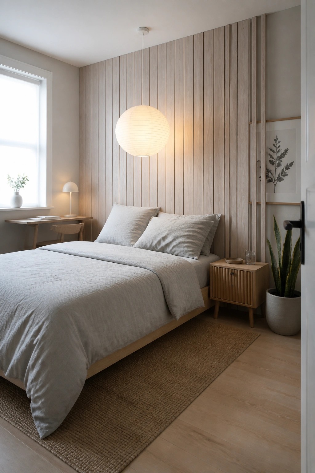 A bedroom featuring a light wood vertical slat wall behind a bed with neutral gray bedding and a round paper pendant light.