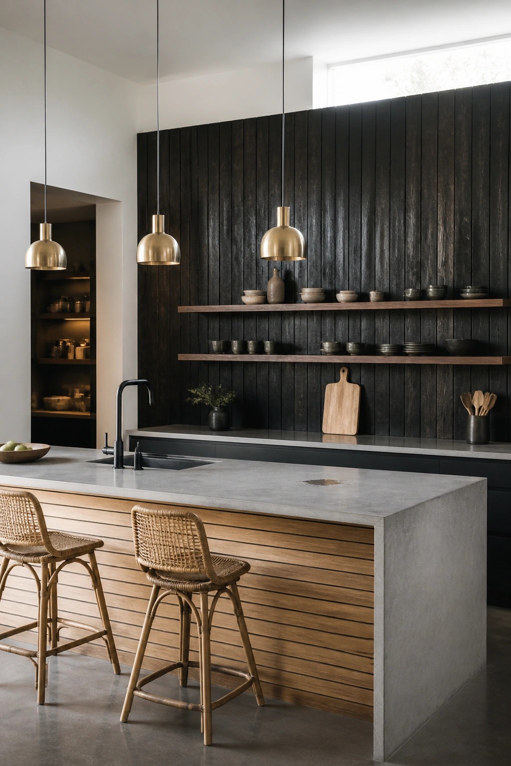 Modern kitchen with a dark vertical wood slat accent wall, floating wood shelves, concrete island, and woven bar stools.