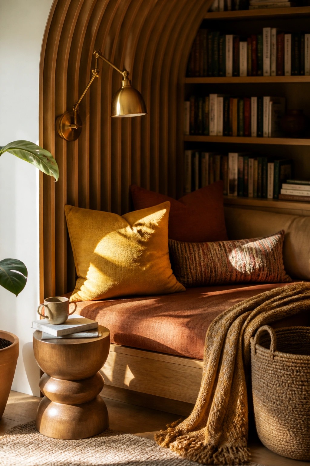 Interior view of an arched wood slat wall forming a recessed seating nook with a terracotta cushion, yellow pillow, brass wall lamp, and built-in bookshelves.