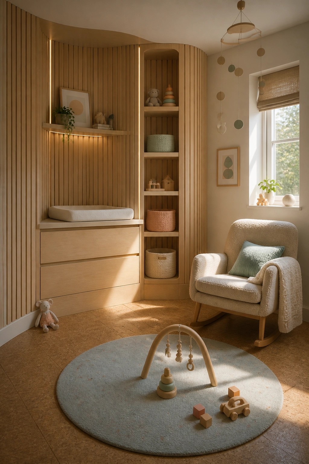 A children's room with vertical light wood slat walls featuring built-in shelves, a changing table area, a rocking chair, and a round play mat with toys on cork flooring.
