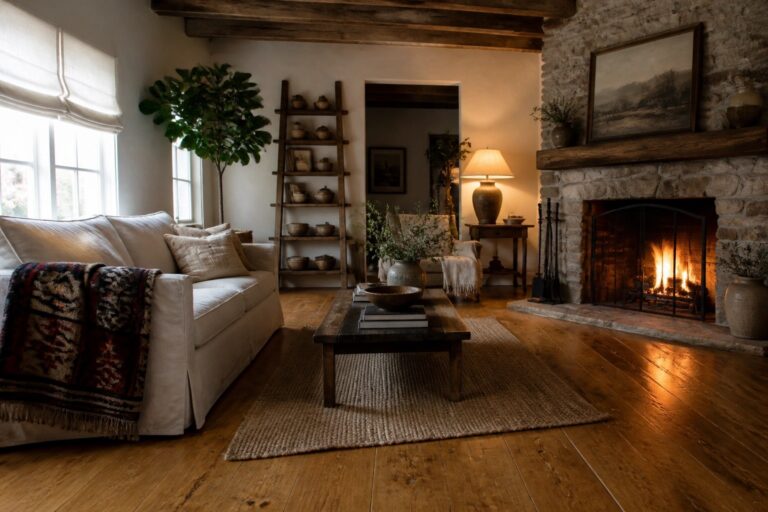 A living room featuring wide plank dark hardwood floors, a white slipcovered sofa with a patterned throw, a wooden coffee table on a woven rug, and a stone fireplace with a lit fire.