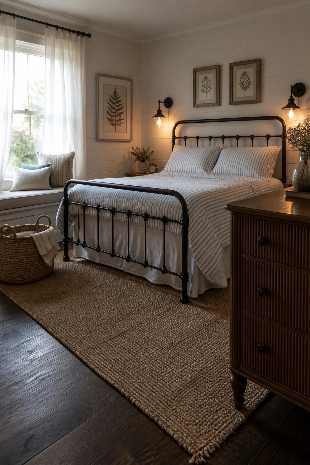 A bedroom interior featuring dark wood flooring partially covered by a large woven rug, a black metal bed with striped linens, white walls with framed botanical prints, and a window with sheer curtains.
