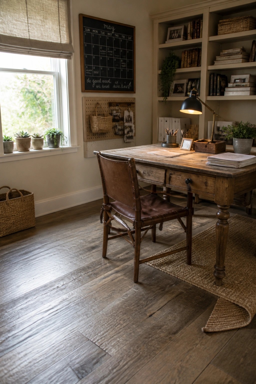A home office with a wooden desk, brown leather chair, wide plank wood flooring, built-in shelves, and a window with plants on the sill.