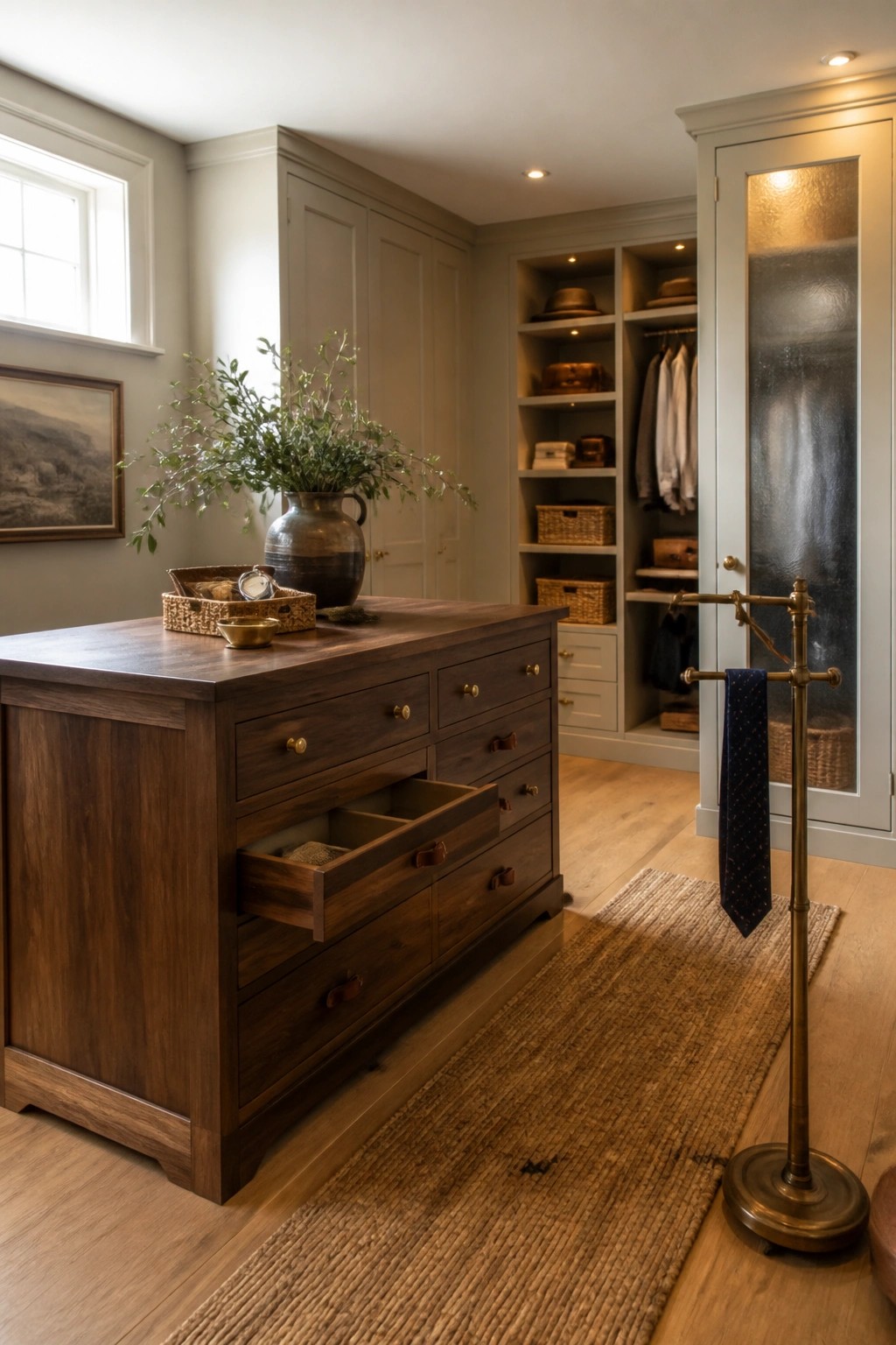 A farmhouse-style dressing room with light wide plank wood flooring, a dark wood dresser with open drawers, built-in shelving, and a brass clothing rack.