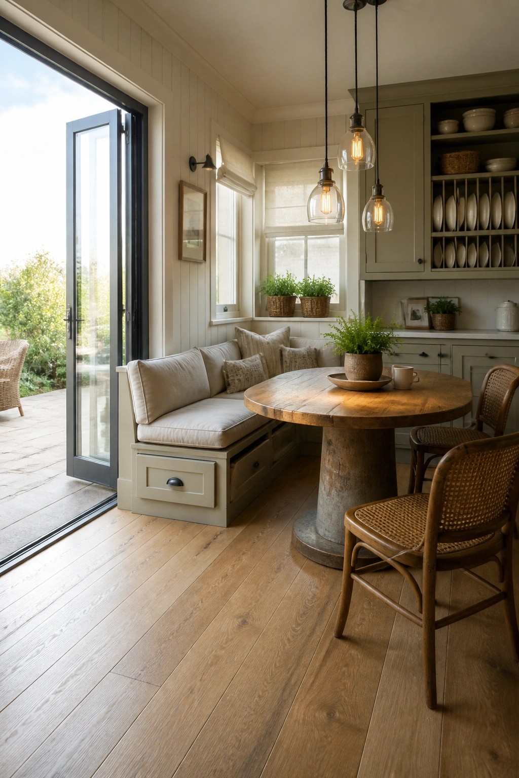 A farmhouse dining nook with wide plank light wood flooring, a round wooden table on a pedestal base, built-in bench seating with cushions, woven chairs, and three glass pendant lights.