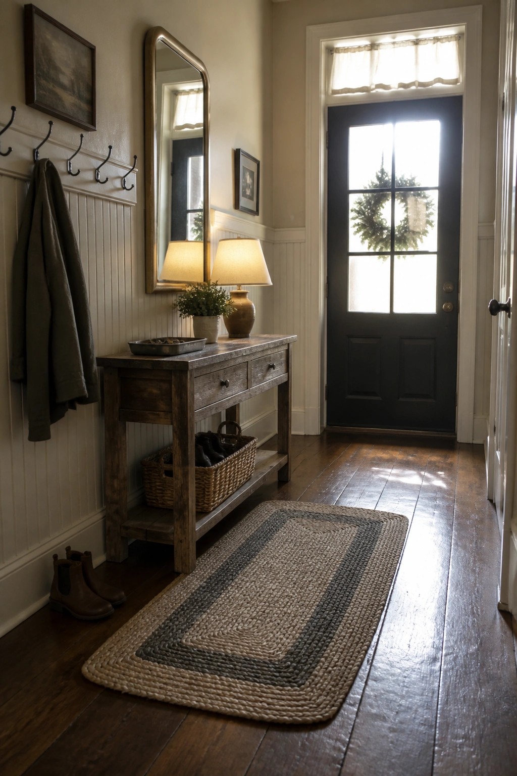 A farmhouse entry hallway with wide dark wood plank flooring, a wooden console table holding lamps and a potted plant, a large mirror, coat hooks, and a black front door with a wreath.