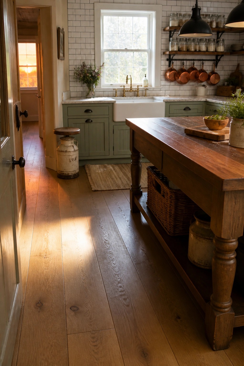 Rustic farmhouse kitchen with wooden island, green cabinets, and hanging copper pots.