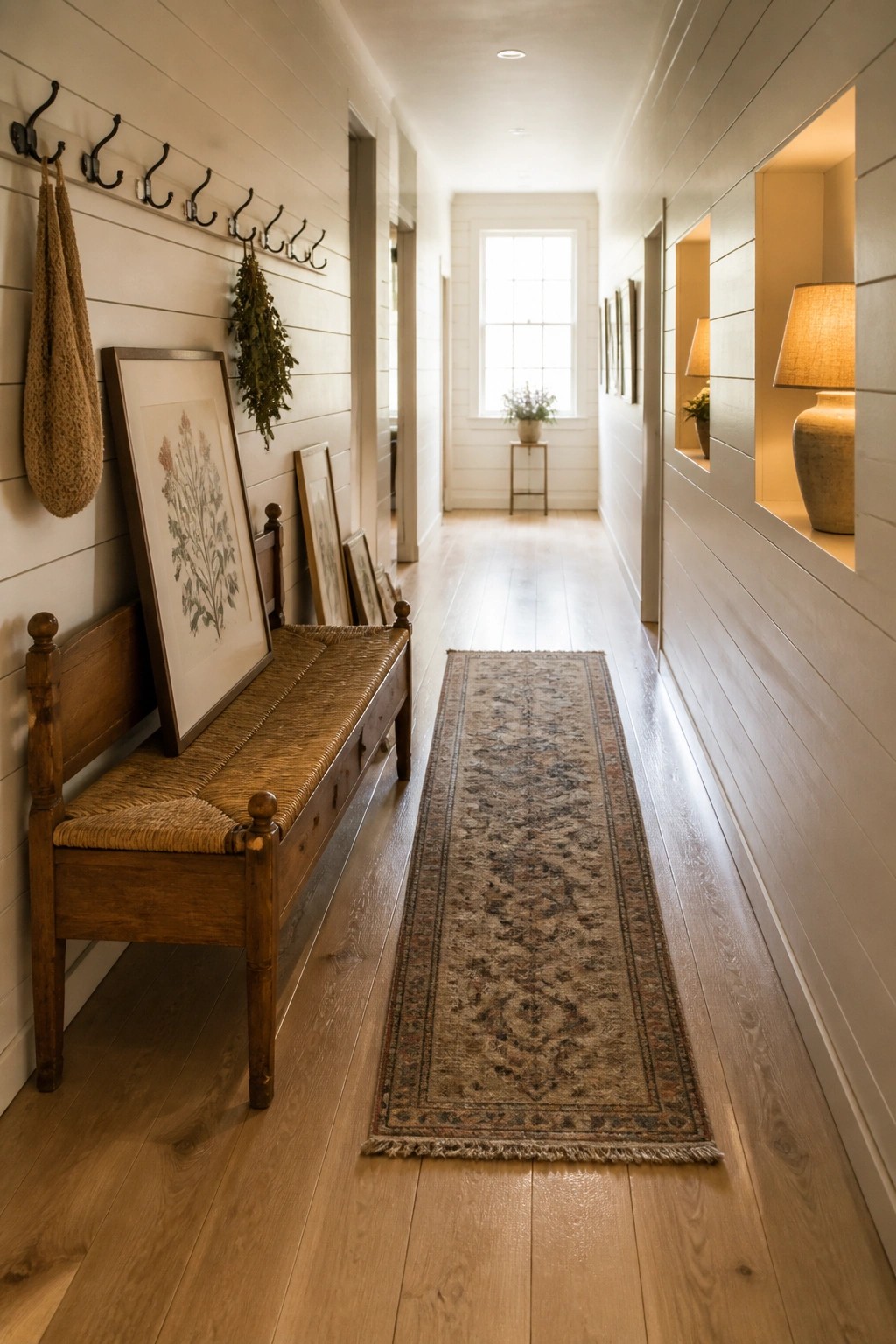 A long interior hallway with wide plank wood flooring, a woven runner rug down the center, a wooden bench with framed art leaning against the wall, and coat hooks above.