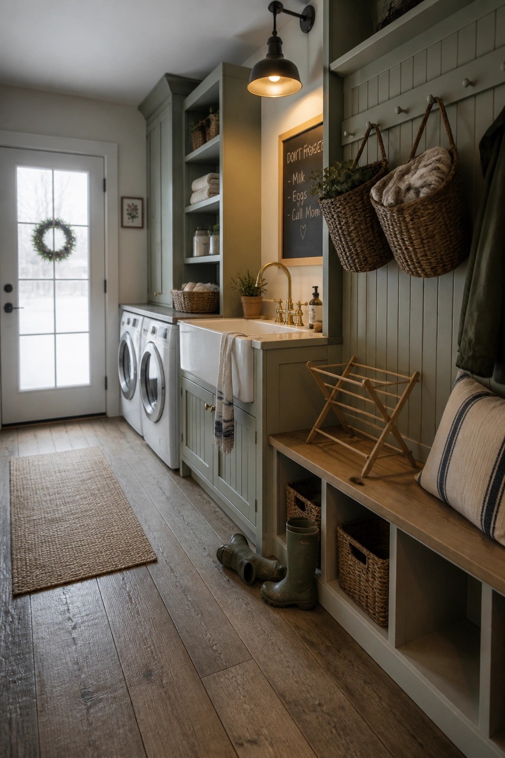 A farmhouse mudroom and laundry space with wide plank wood flooring, sage green cabinetry, a white farmhouse sink, and built-in storage benches holding baskets and boots.