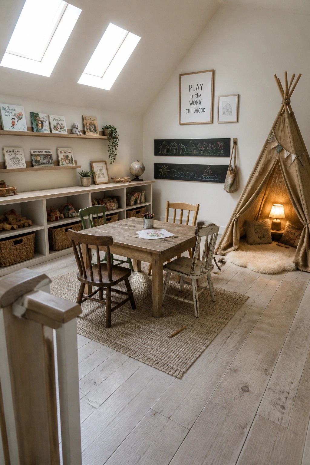 A bright attic playroom with wide light wood plank flooring, a wooden table with mismatched chairs, wall shelves filled with books and toys, and a canvas teepee in the corner.